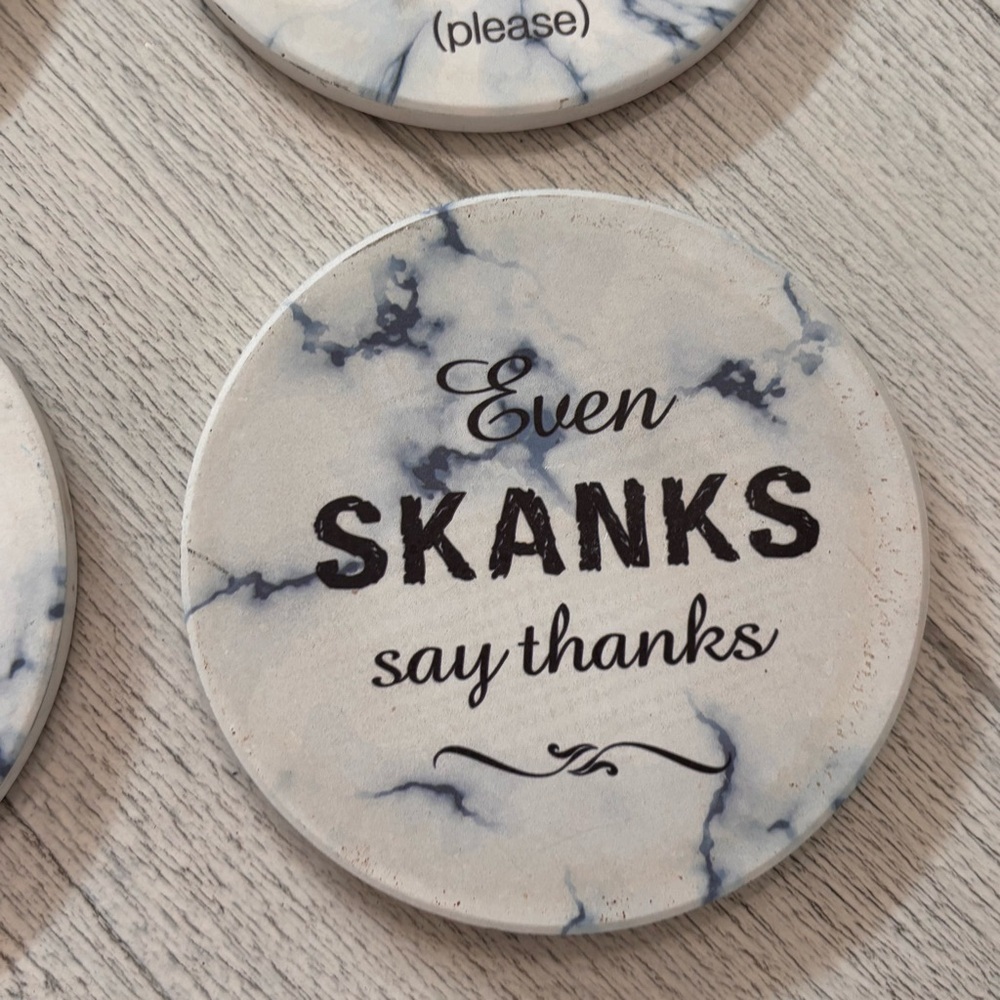 Set Of 4 Naughty Coasters White Marble Print 4” Graphic Moisture Absorbing - Picture 5 of 6